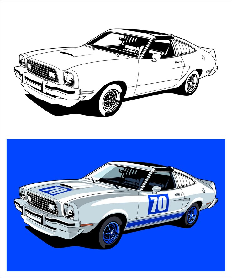 Vetor ford mustang ii em ilustração de carro clássico branco e azul
