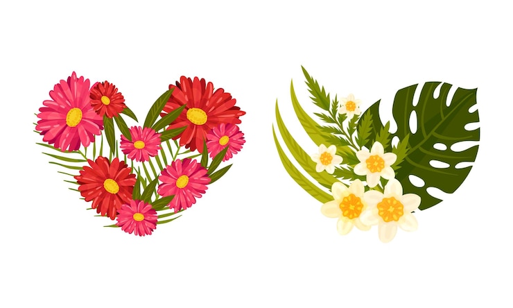 Vetor forma de coração floral com flor perfumada e conjunto de vetores de folhagem