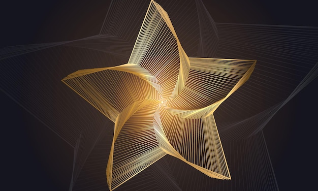 Forma de estrela dourada de luxo abstrata de linhas em fundo preto