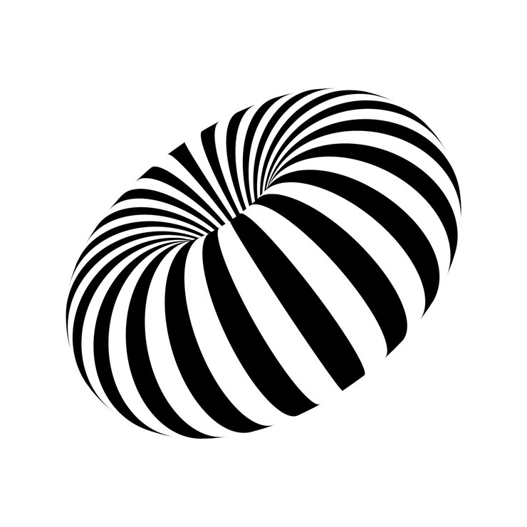 Vetor forma de toroide listrado 3d em perspectiva figura de donut em espaço tridimensional com preto e branco