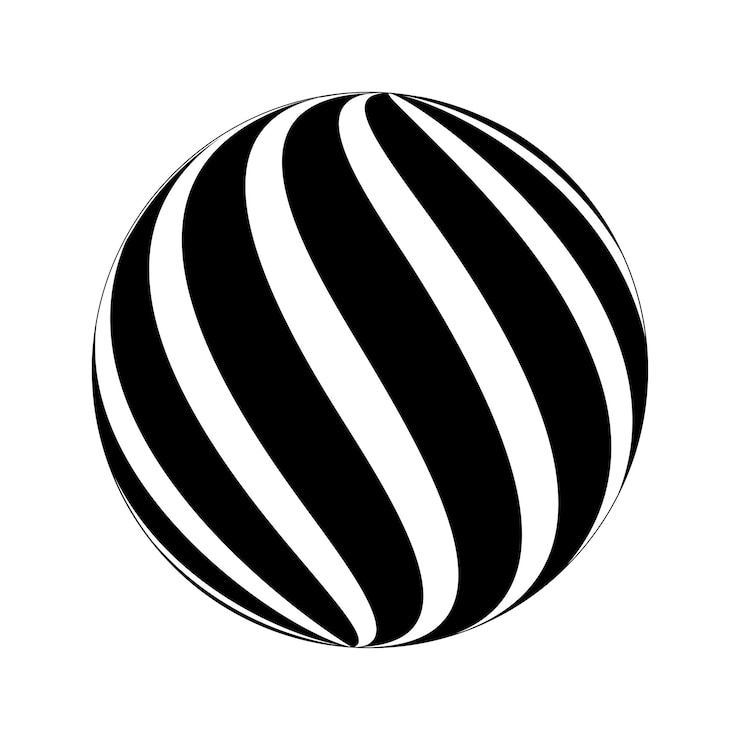 Vetor forma esférica com listras pretas e brancas torcidas modelo de esfera 3d bola moderna com padrão de vórtice