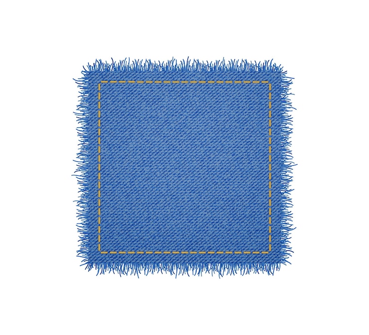 Vetor forma quadrada de ganga com pontos. remendo jeans rasgado com costura. ilustração em vetor realista sobre fundo branco.