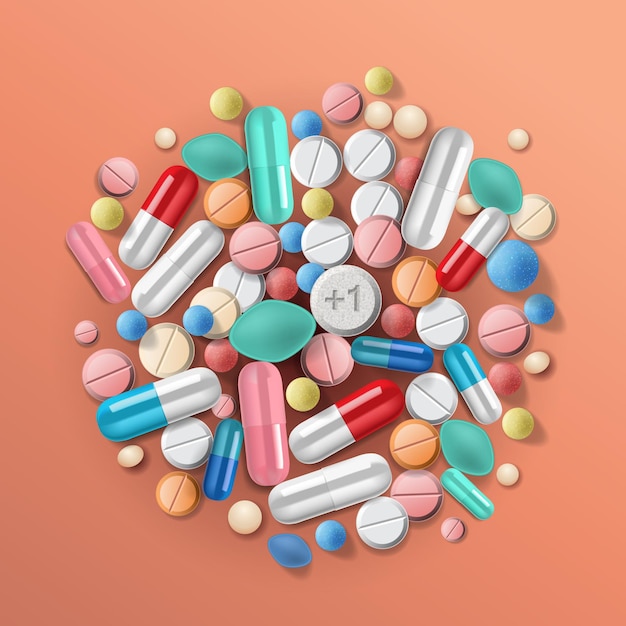 Formação médica formada com imagem vetorial de pílulas e cápsulas de medicamentos farmacêuticos variados