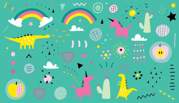 Formas abstratas de dinossauros de unicórnios e arco-íris para design infantil moderno impressões em arte abstrata têxtil para crianças framboesa e maçãs desenhadas à mão criativas design vetorial para crianças