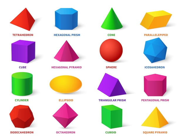 Vetor formas básicas coloridas. realistic 3d formas geométricas cubo e elipsóide, cilindro e esfera, cone e pirâmide, dodecaedro e octaedro, objetos de aprendizagem vetor conjunto de educação