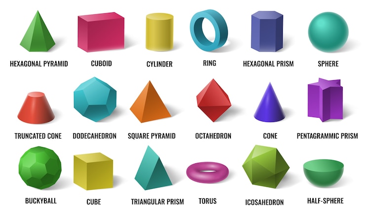 Vetor formas básicas de cores 3d realistas. formas geométricas de cores sólidas, cilindros e cubos coloridos