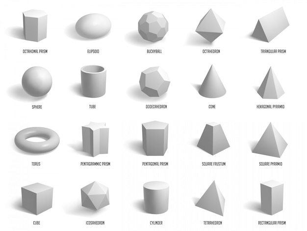 Formas básicas realistas. formas de esfera, cilindro, pirâmide e cubo de geometria, formas geométricas modelo conjunto de ícones de ilustração. cubo modelo, esfera, polígono, construção de grupo hexágono