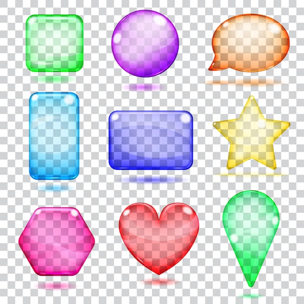 Formas coloridas transparentes feitas de vidro com reflexos e sombras