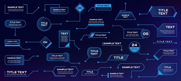 Vetor formas de chamada elementos infográficos futuristas com rótulos de hologramas botões de chamada de menu de radar de ficção científica e quadros elementos de infografia vetorial coleção de gráficos de informação hud layout de título de gráfico