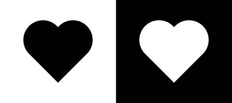 Vetor formas de coração contrastantes em preto e branco simbolizam amor e unidade em um design minimalista