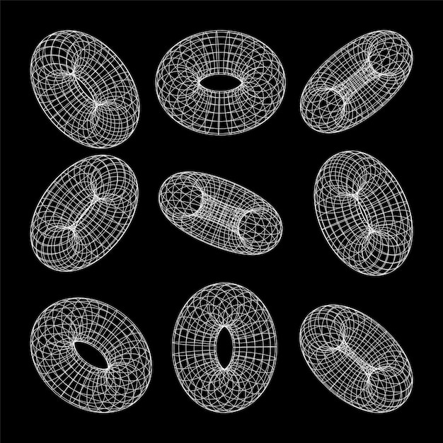 Vetor formas de estrutura de arame alinhadas torus malha de perspectiva d grade baixa elementos poli geométricos retro futurista