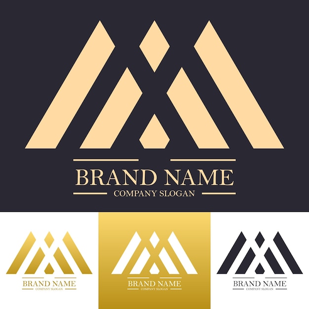 Formas de linha grande abstratas com design de logotipo simples letra m e a em cor dourada