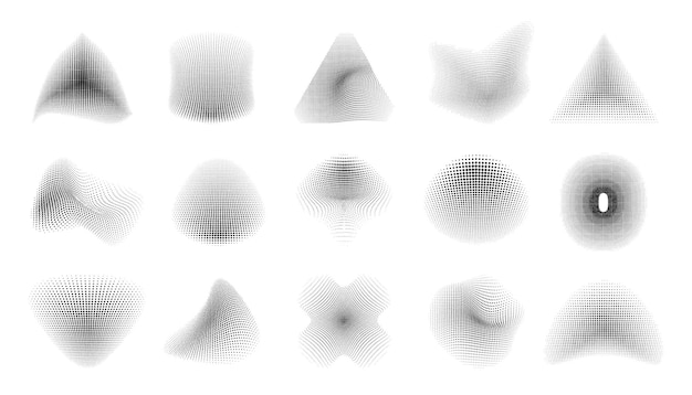 Formas de meio-tom perspectiva de padrão de ponto linear abstrato figuras geométricas e formas objetos de mosaico abstrato para design de papel de parede coleção isolada de vetores