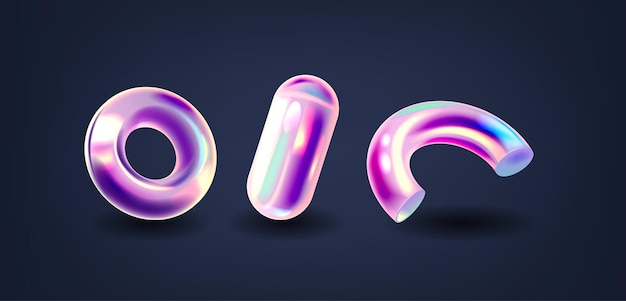 Formas geométricas 3D com efeito holográfico iridescente Figuras sólidas com três dimensões