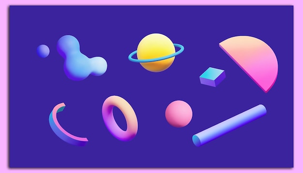 Vetor formas geométricas de gradiente 3d coloridas, incluindo bolhas de fluido, anel, esfera, cubo, cilindro e placa semicircular, fundo azul isolado