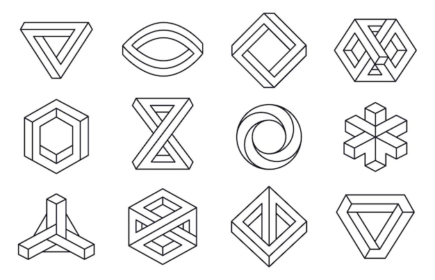 Formas geométricas impossíveis figuras irreais elementos ilusão de ótica conjunto de ilustrações vetoriais planas