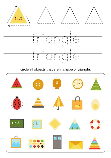 Formas geométricas para crianças. Planilha para aprender formas. Trace o triângulo.
