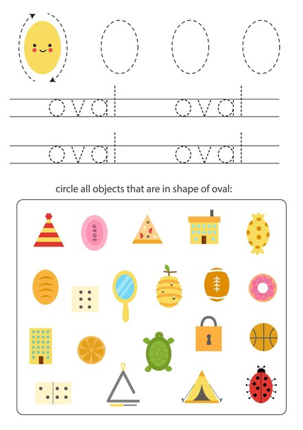Formas geométricas para crianças. Planilha para aprender formas. Traço oval.