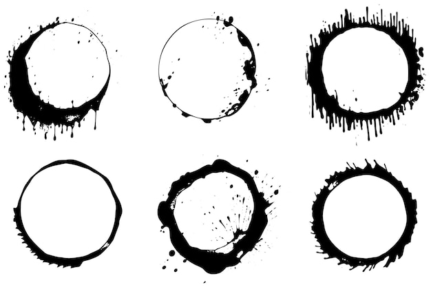 Vetor formas pretas de manchas de anel de café em círculo de vinho respingos e manchas sujas chá desenhado à mão ou anel de tinta