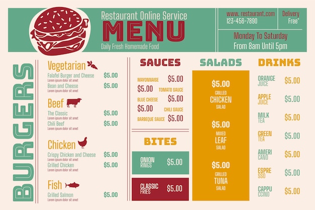 Vetor formato horizontal do menu digital do restaurante