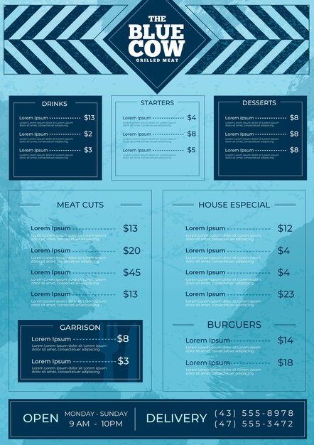 Vetor formato vertical do menu digital do restaurante