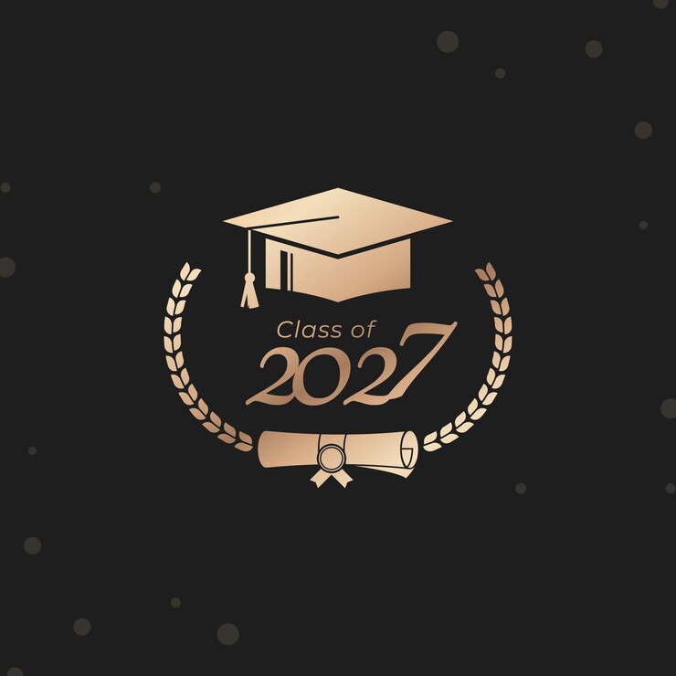 Vetor formatura da turma do ano de 2027 de parabéns decorados com coroa de louros para graduados da escola