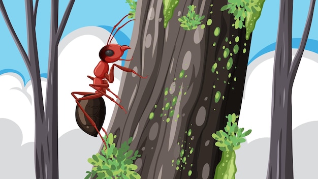 Vetor formiga andando em árvore com musgo