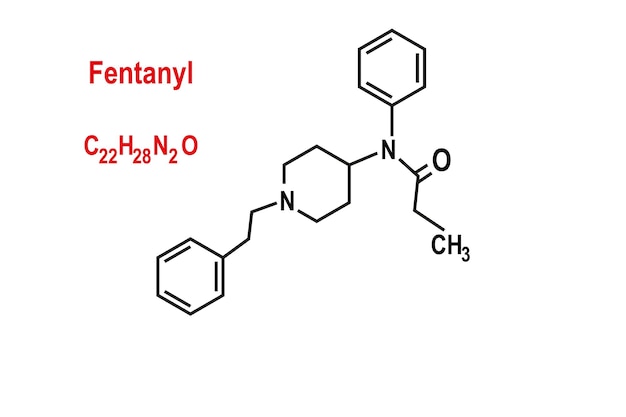 Fórmula química de fentanil e ilustração vetorial de estrutura esquelética