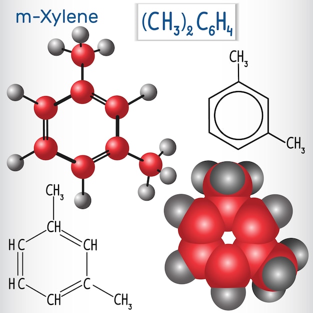 Vetor fórmula química estrutural e modelo da molécula de estireno etenilbenzeno vinilbenzeno feileteno