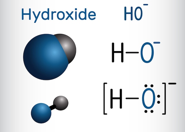 Fórmula química estrutural e modelo molecular do anião hidróxido