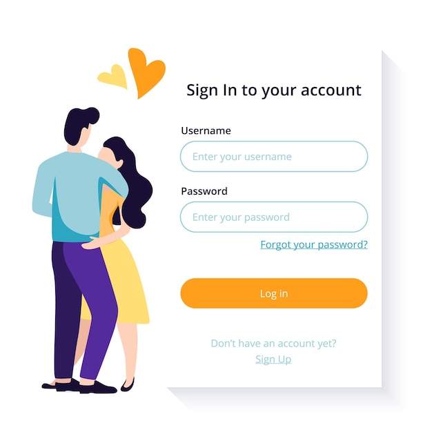 Vetor formulário de login para site de namoro ou aplicativo móvel com pessoas e casais solitários