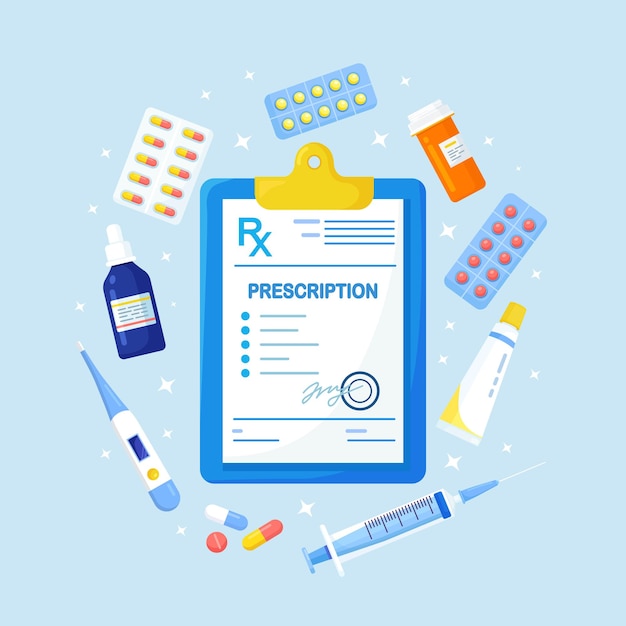 Formulário de prescrição médica rx de medicamentos, frasco de comprimidos, blisters com cápsulas.