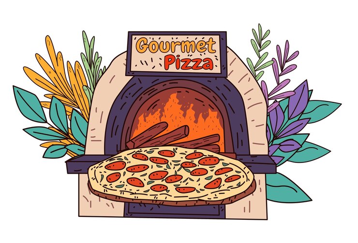 Vetor forno de pizza com tema gourmet mostrando um forno a lenha com uma pizza e folhas decorativas design colorido perfeito para projetos relacionados a alimentos