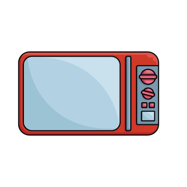 Forno microondas em design vetorial azul e vermelho para ilustração de alimentos de utensílios de cozinha