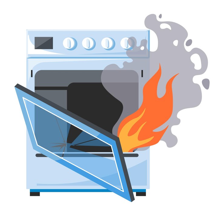 Vetor forno quebrado ou fogão em chamas com defeito danificado