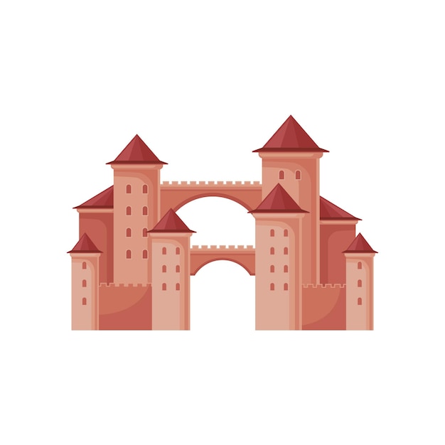 Vetor fortaleza medieval com torres e telhados cônicos castelo real elemento gráfico para cartaz livro infantil ou jogo móvel ilustração de estilo desenho animado desenho vetorial colorido isolado em fundo branco
