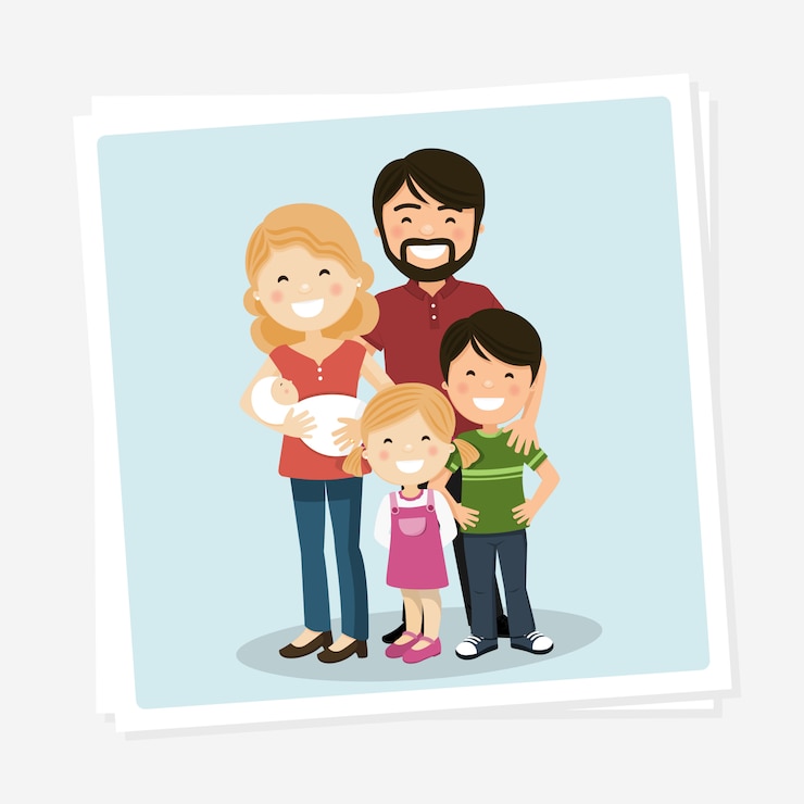 Vetor foto de família feliz com os pais, filhos e babyborn