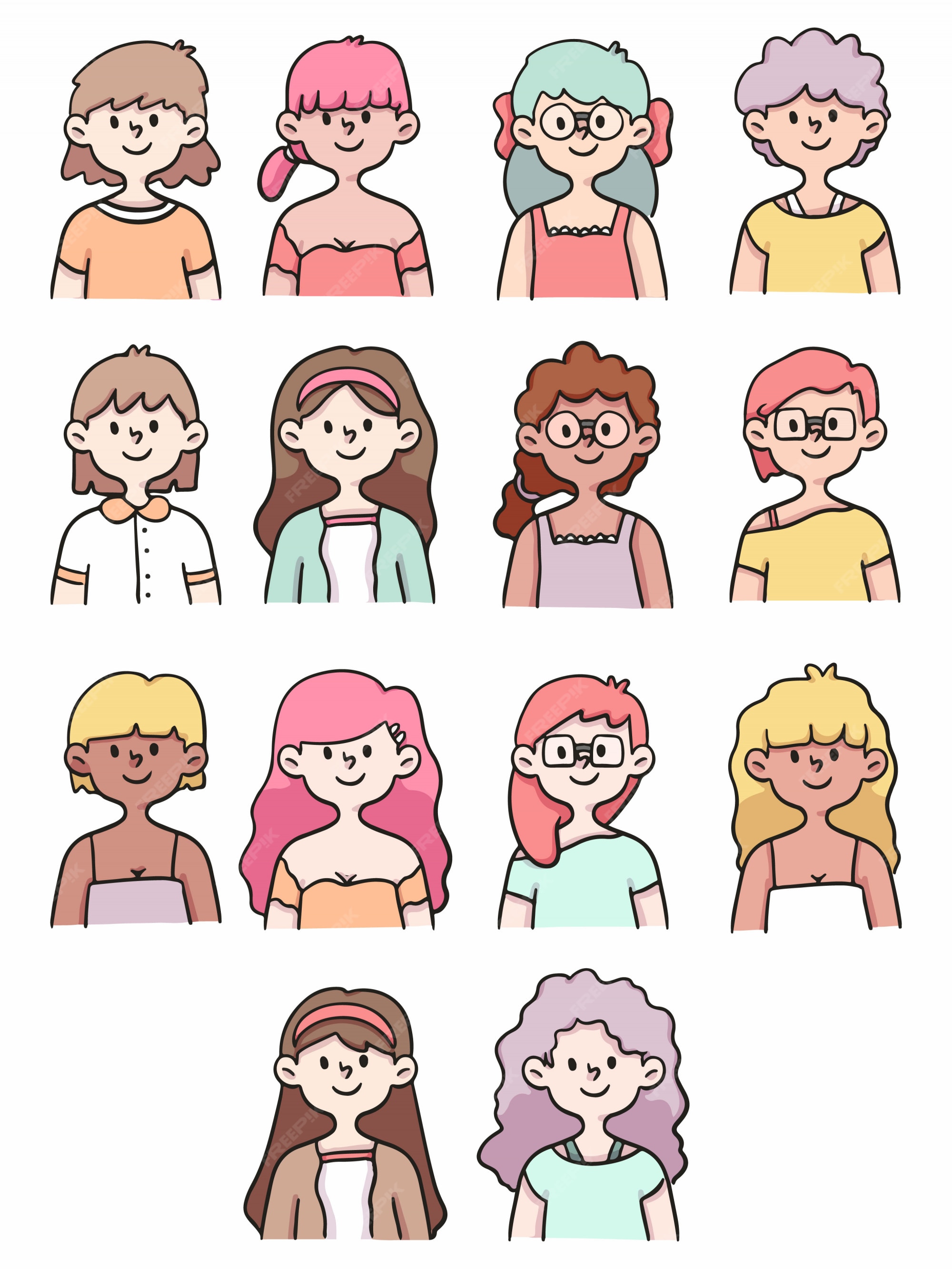 Foto de perfil de meninas conjunto ilustração bonito dos desenhos animados