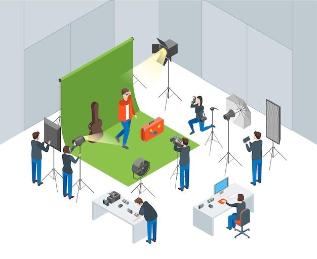 Foto Estúdio Interior com Operadores Ator de Tiro Visão Isométrica Serviço Fotográfico Profissional Conceito Ilustração vetorial de Pessoas e Equipamentos