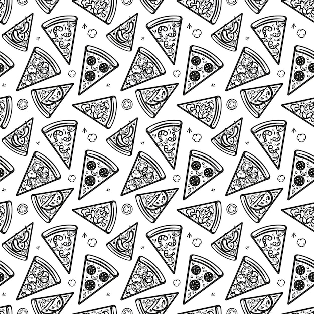 Foto fofa com desenhos de rabiscos de fatias de pizza fundo de pizza preto e branco vetor doce fundo de pizza monocromático sem costura com rabiscos para papel de parede de tecido, papel de embrulho e cartões postais