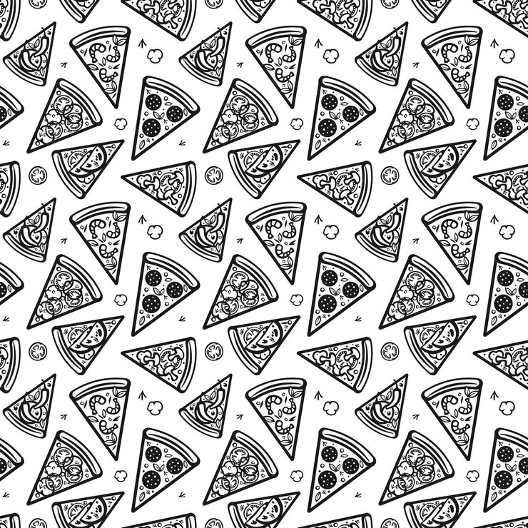 Vetor foto fofa com desenhos de rabiscos de fatias de pizza fundo de pizza preto e branco vetor doce fundo de pizza monocromático sem costura com rabiscos para papel de parede de tecido, papel de embrulho e cartões postais