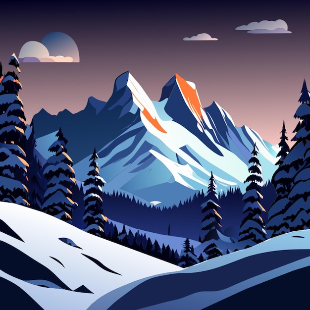 Vetor foto gratuita paisagem de montanha coberta de neve no anoitecer de inverno com ilustração vetorial de geada