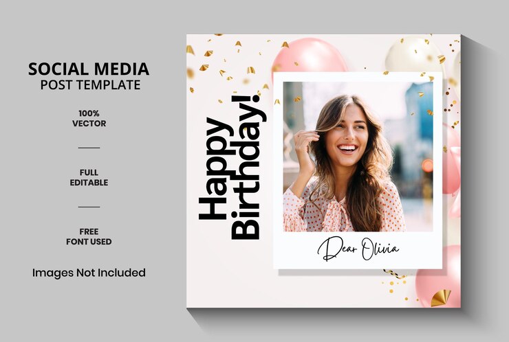 Vetor foto rosa e dourada feliz aniversário template de postagem do instagram