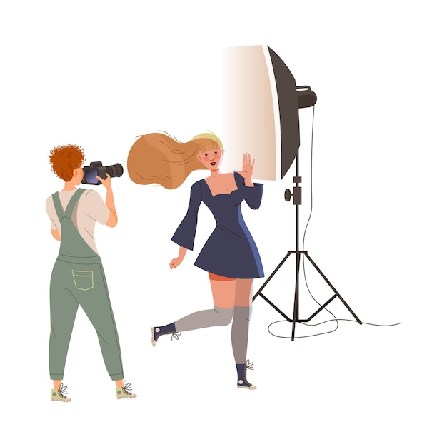 Fotógrafa posando com câmera profissional e equipamento de iluminação de estúdio Ilustração vetorial