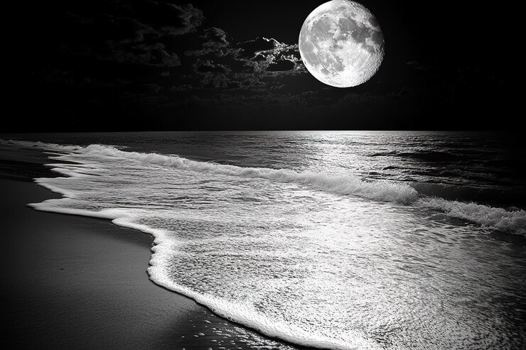 Vetor fotografia em preto e branco da lua brilhando sobre uma praia do oceano, foto completa de ângulo amplo, fundo preto