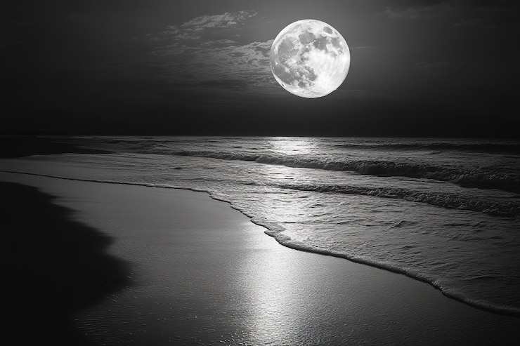 Vetor fotografia em preto e branco da lua brilhando sobre uma praia oceânica à noite a lua cheia está iluminada