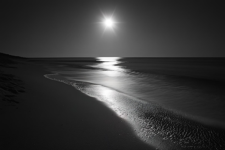 Vetor fotografia em preto e branco da lua brilhando sobre uma praia oceânica à noite a lua cheia está iluminada
