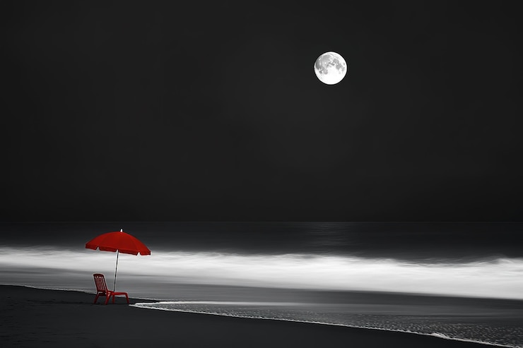 Vetor fotografia minimalista de longa exposição praia com guarda-chuva vermelho e cadeira lua no céu fundo preto