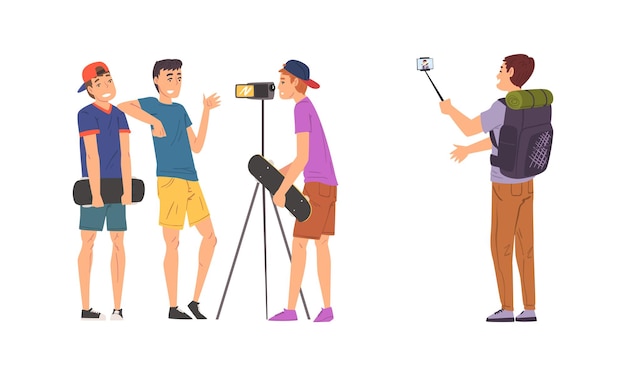 Fotógrafo filmando com câmera em conjunto vetorial de tripé