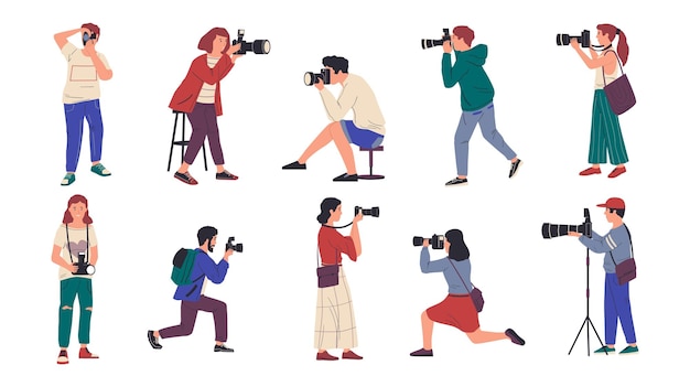 Fotógrafos pessoas de desenho animado com câmeras profissionais tirando fotos homens e mulheres tiram fotos carreira de correspondente fotográfico ou ocupação de paparazzi hipsters hobby vector set